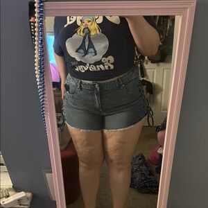 High-Rise Lace-Up Side Denim Shorts - Dark Blue